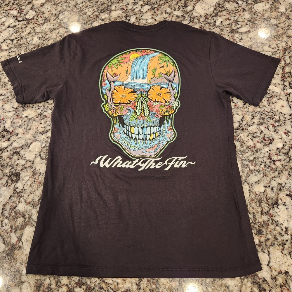What The Fin-Panama City Beach, FL Black Tee With Multi-colored Skull Logo